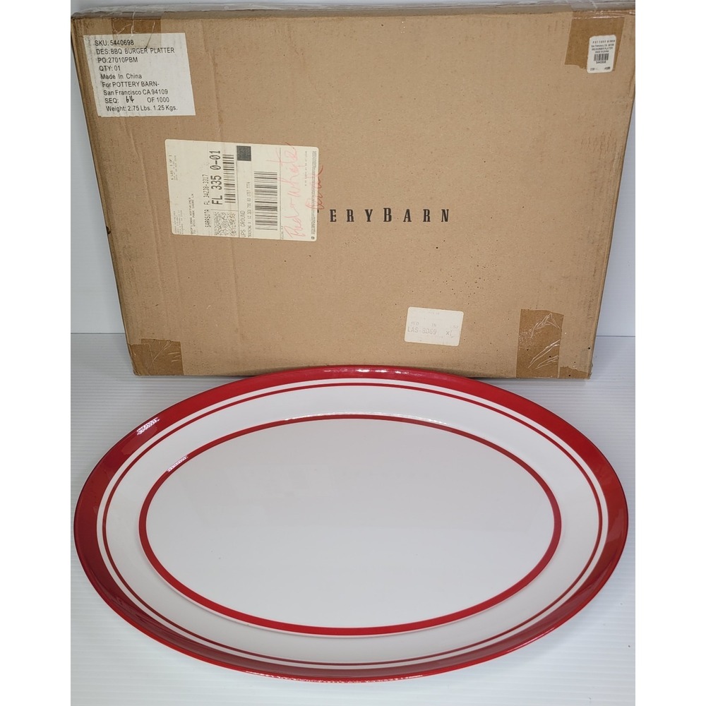 Pottery Barn New Old Stock BBQ Burger Serving Tray Plastic Red White 15x20 w Box